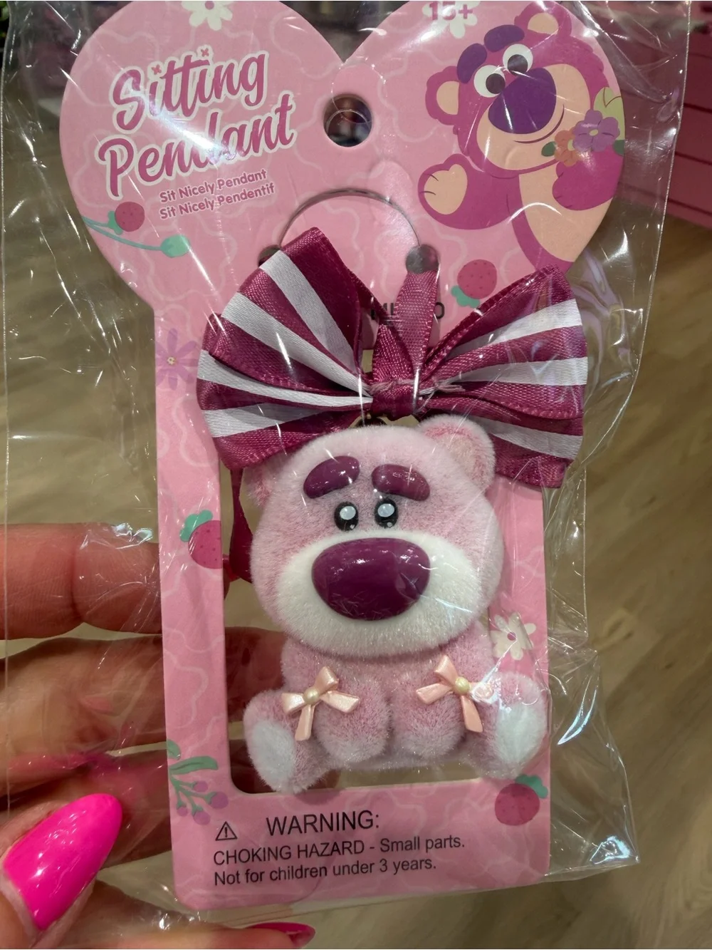 Disney Lotso Pink Plush Bear Sitting Pendant with Striped Bow